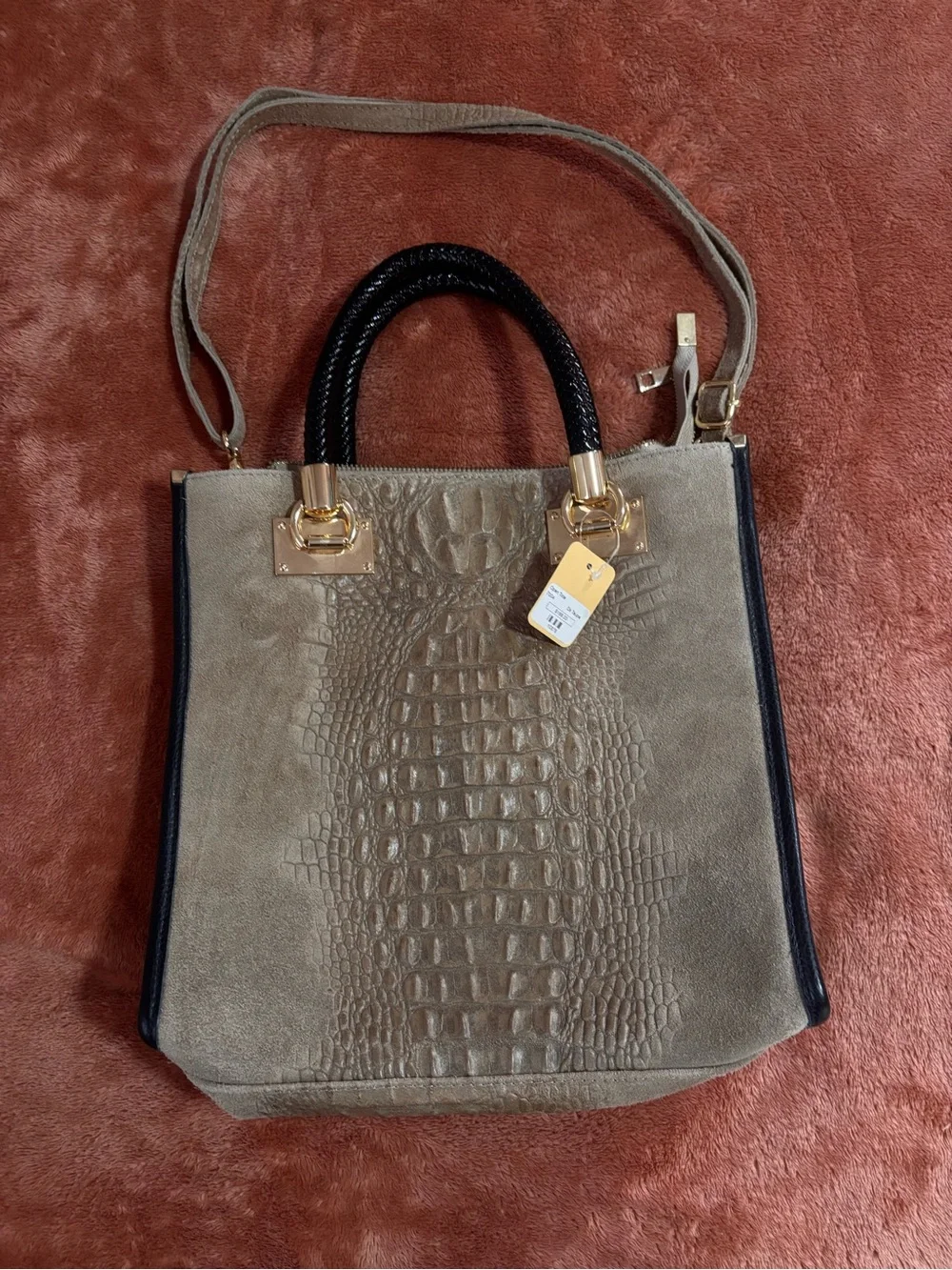 Taupe Croc-Embossed Tote with Black Top Handle Genuine Leather